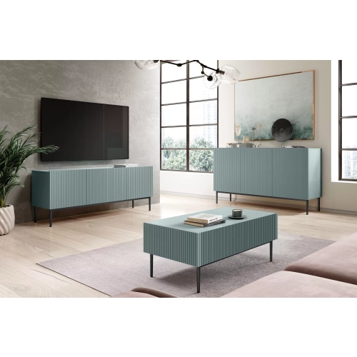Komoda Nicole 150 cm trzydrzwiowa z ryflowanym frontem - szałwia / złote nóżki - Limitowana oferta